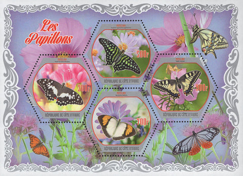 Cote D'Ivoire Butterflies Flowers Plants Souvenir Sheet of 4 Stamps Mint NH