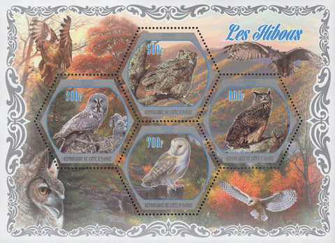 Cote D'Ivoire Owls Birds Trees Mountains Souvenir Sheet of 4 Stamps Mint NH