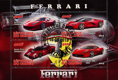 Congo Ferrari Cars Transportation Luxury Souvenir Sheet of 4 Stamps