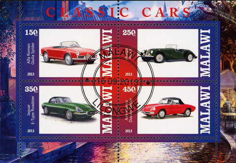 Malawi Classic  Vintage Car Jaguar Alfa Romeo Souvenir Sheet of 4 Stamps
