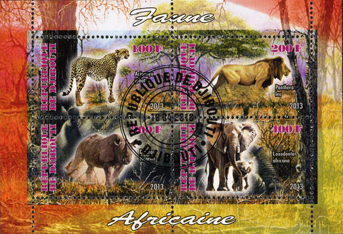 African Fauna Lion Jaguar Rhino Elephant Souvenir Sheet of 4 Stamps