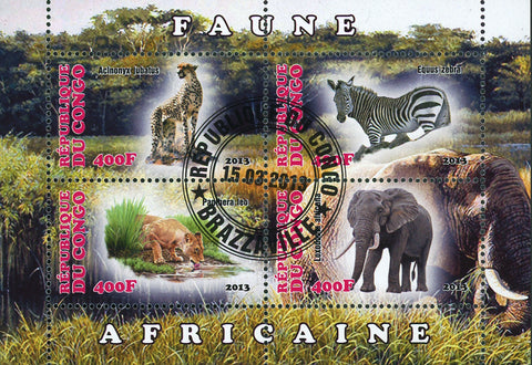 Congo African Fauna Lion Jaguar Zebra Elephant Souvenir Sheet of 4 Stamps