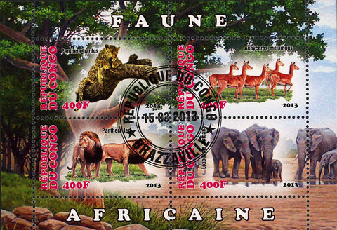 Congo African Fauna Lion Jaguar Elephant Tree Souvenir Sheet of 4 Stamps