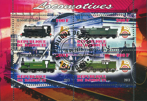 Djibouti Steam Locomotives Transportation Souvenir Sheet of 4 Stamps
