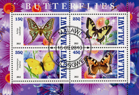 Malawi Butterfly Exotic Insect Flower Plant Souvenir Sheet of 4 Stamps
