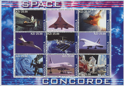 Angola Supersonic Planes Concorde Space Souvenir Sheet of 9 Stamps Mint NH
