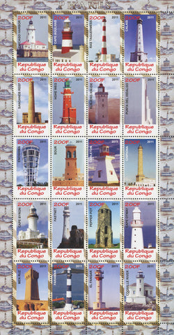Congo Famous Lighthouses Ocean Sky Architecture Souvenir Sheet of 20 Stamps Mint