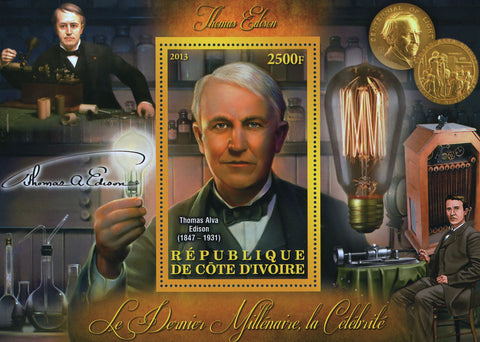 Cote D'Ivoire Thomas Edison Light Bulb Coin Science Souvenir Sheet Mint NH