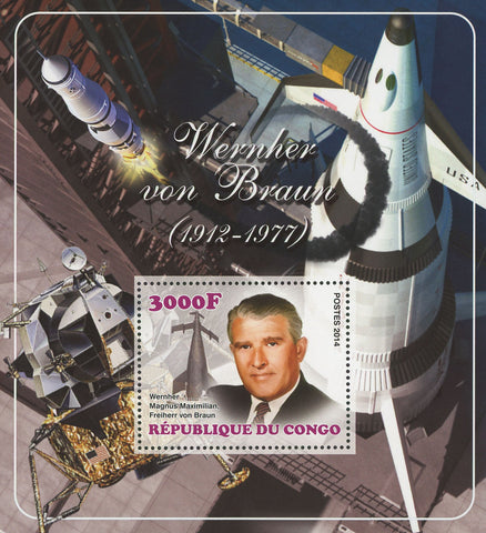 Congo Wernher Von Braun Space Astronaut Satellite Souvenir Sheet Mint NH