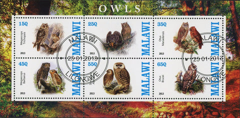 Malawi Owls Birds Tree Autumn Fall Souvenir Sheet of 6 Stamps