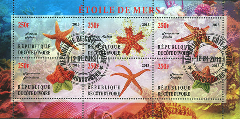 Cote D'Ivoire Sea Star Starfish Marine Life Ocean Souvenir Sheet of 6 Stamps