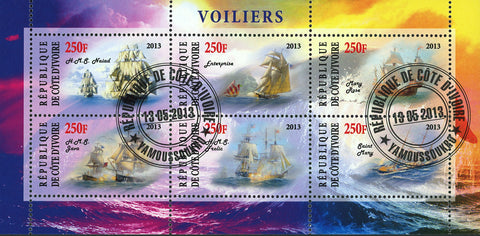 Cote D'Ivoire Sailboat Ship Ocean Wave Souvenir Sheet of 6 Stamps