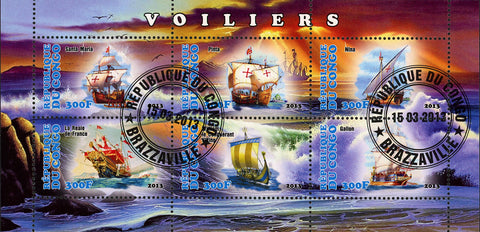 Congo Sailboat Ship Ocean Beach Wave Souvenir Sheet of 6 Stamps