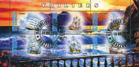 Congo Sailboat Ship Ocean Beach Souvenir Sheet of 6 Stamps