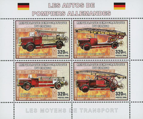 German Firemen's Vehicles Souvenir Sheet of 4 Stamps Mint NH