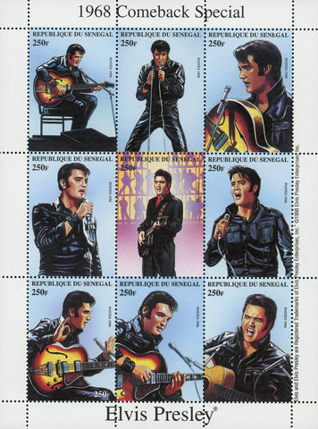 Elvis Presley Rock n' Roll Singer Famous Souvenir Sheet of 9 Stamps MNH