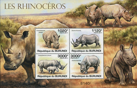 Rhino Stamp Wild Animal Rhinoceros Fauna Souvenir Sheet of 4 Mint NH