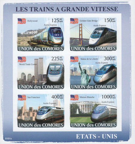 Fast Speed Trains United States Imperforated Sov. Sheet of 6 Stamps MNH