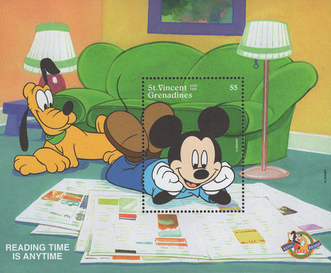 St. Vincent Mickey Reading Time Is Anytime Pluto Souvenir Sheet Mint NH