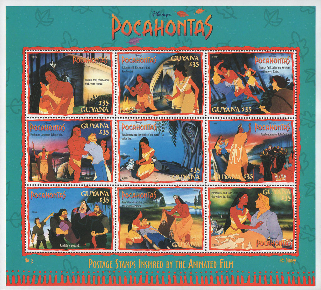 Guyana Disney Pocahontas Film Moments Souvenir Sheet of 8 Stamps MNH