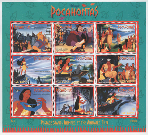 Guyana Disney Pocahontas Film Necklace Souvenir Sheet of 8 Stamps MNH