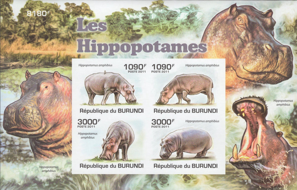 Hippopotamus Wildlife Animals Imperforated Sov. Sheet of 4 MNH