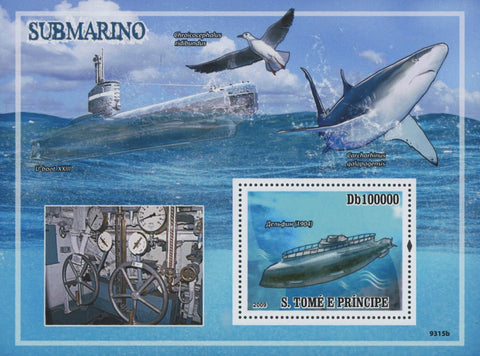 São Tomé and Príncipe Submarine Shark Seagull Souvenir Sheet MNH