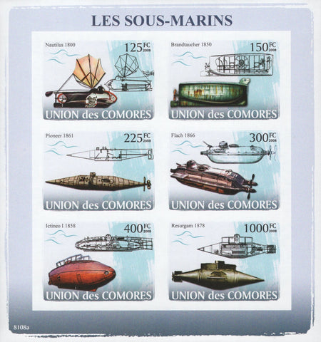 Famous Submarines Ocean Imperforated Sov. Sheet of 6 Stamps MNH