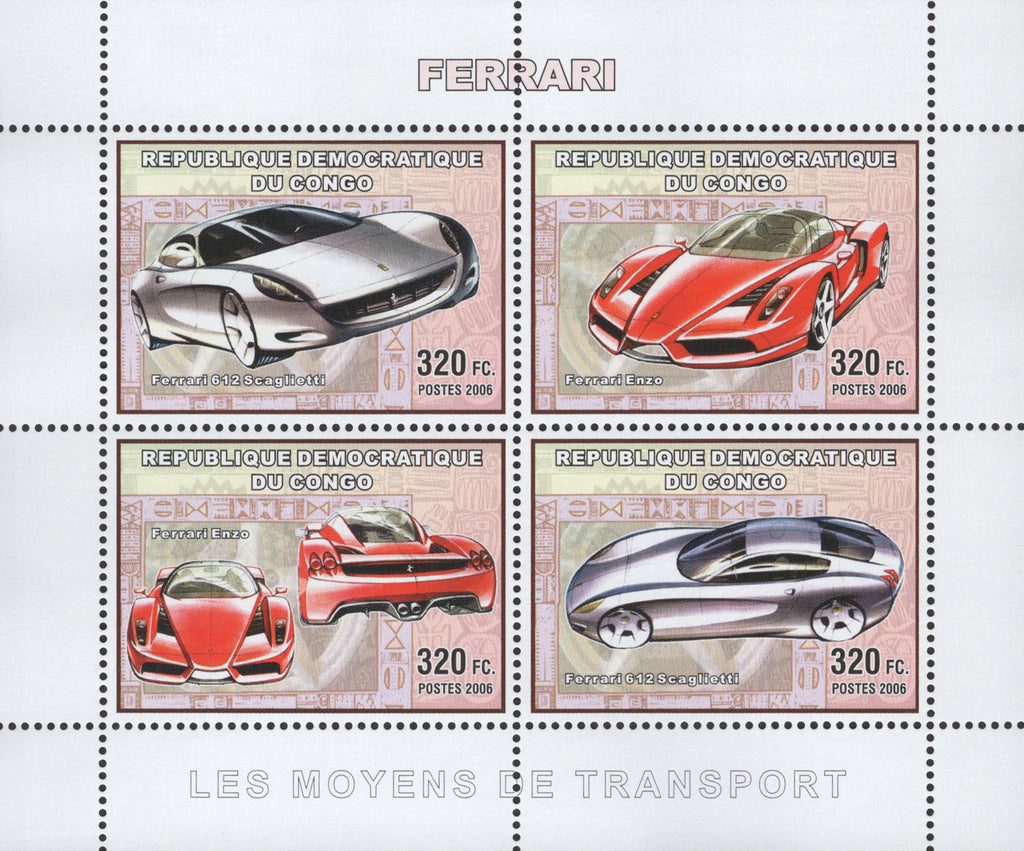Ferrari Stamp Cars Transportation Luxury Racing Souvenir Sheet of 4 Stamps MNH