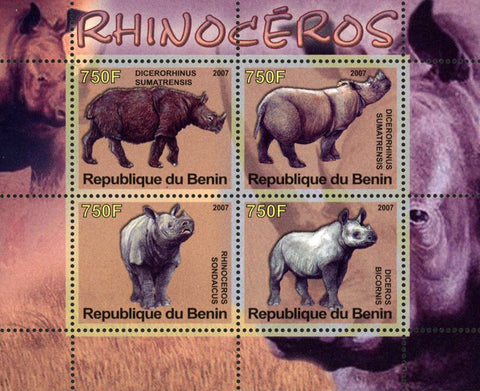 Benin Rhino Rhinoceros Wild Animal Nature Souvenir Sheet of 4 Stamps Mint NH