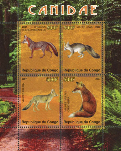Congo Canin Fox Forest Wild Animal Souvenir Sheet of 4 Stamps Mint NH