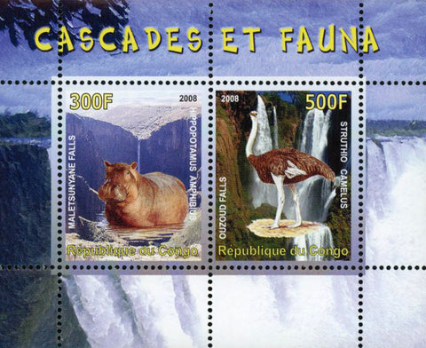 Congo Fauna Waterfall Hippo Ostrich Wild Animal Sov. Sheet of 2 Stamps Mint NH