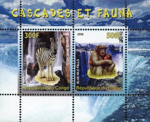 Congo Fauna Waterfall Zebra Monkey Wild Animal Sov. Sheet of 2 Stamps Mint NH