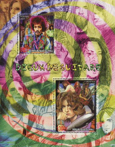 Guitar God Jimi Hendrix Jimmy Page Famous Souvenir Sheet of 2 Stamps Mint N