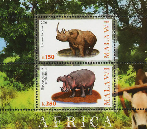 Malawi Africa Rhino Hippo Wild Animal Souvenir Sheet of 2 Stamps Mint NH