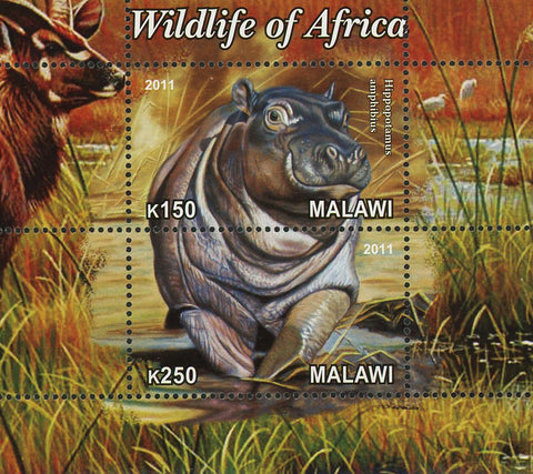 Malawi Wildlife Of Africa Hippopotamus Souvenir Sheet of 2 Stamps Mint NH