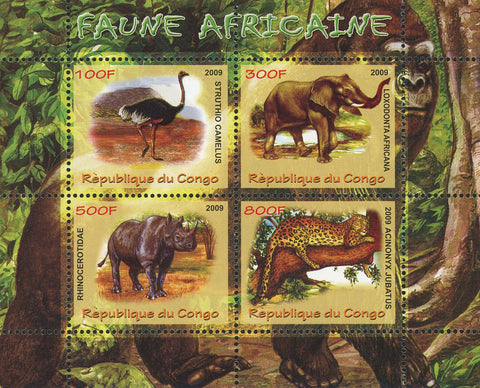 Congo African Fauna Elephant Cheetah Wild Animal  Souvenir Sheet of 4 Stamps MNH