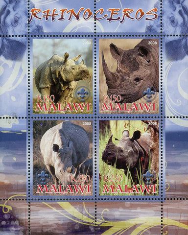 Malawi Rhinoceros Rhino Wild Animal Souvenir Sheet of 4 Stamps Mint NH