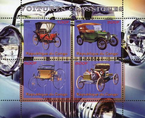 Congo Classic Car Automobile Vintage Transportation Souvenir Sheet of 4 Stamps M