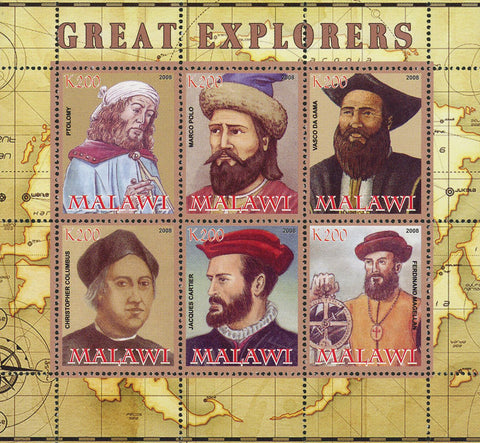 Malawi Great Explorers Map World Souvenir Sheet of 6 Stamps Mint NH