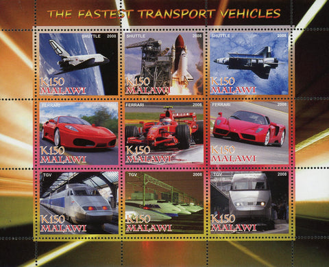 Malawi The Fastest Transport Vehicles Souvenir Sheet of 9 Stamps Mint NH
