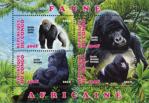 Congo African Fauna Gorilla Wild Animal Souvenir Sheet of 4 Stamps Mint NH