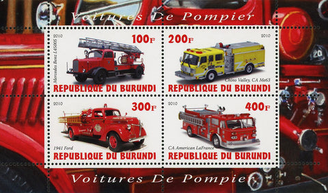 Firefighter Fireman Truck Vehicle Transportation Souvenir Sheet of 4 MNH
