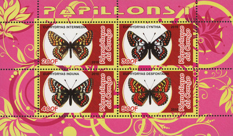 Congo Butterfly Insect Euphydryas Nature Souvenir Sheet of 4 Stamps Mint NH