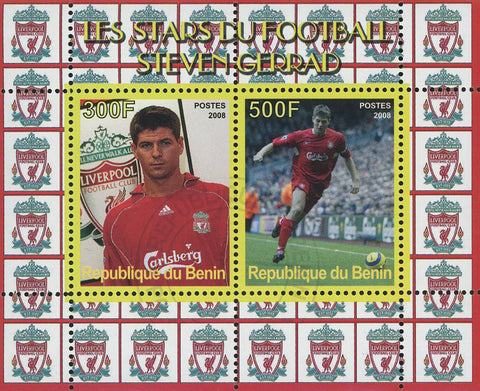 Benin Soccer Star Steven Gerrad Liverpool Sport Souvenir Sheet of 2 Stamps Mint