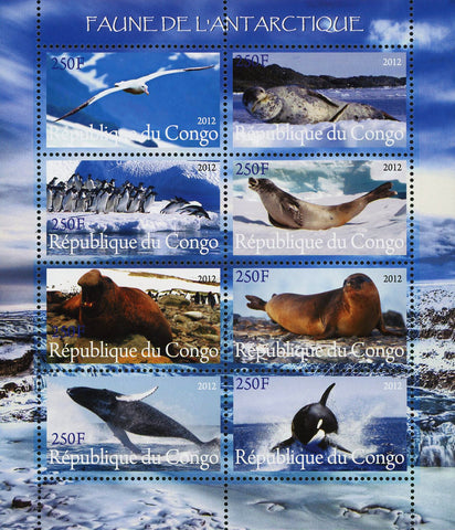 Congo Antarctic Fauna Penguin Seagull Seal Whale Souvenir Sheet of 8 Stamps Mint