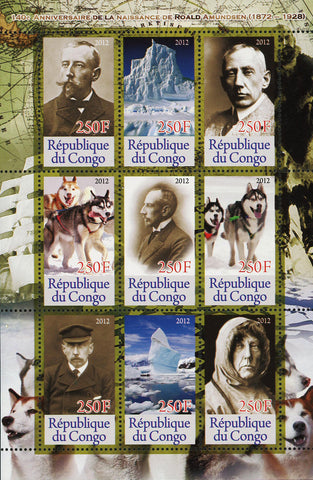 Congo Roald Amundsen Antarctic Exploration Souvenir Sheet of 9 Stamps Mint NH