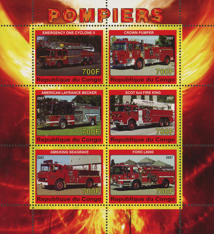 Congo Firefighter Fireman Truck Vehicle Souvenir Sheet of 6 Stamps Mint NH
