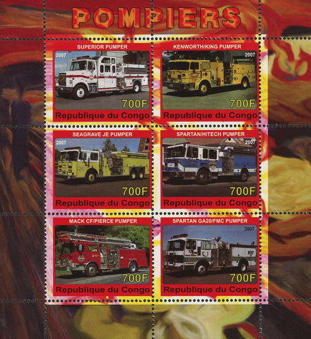 Congo Firefighter Fireman Truck Vehicle Transportation Sov. Sheet of 6 Stamps Mi