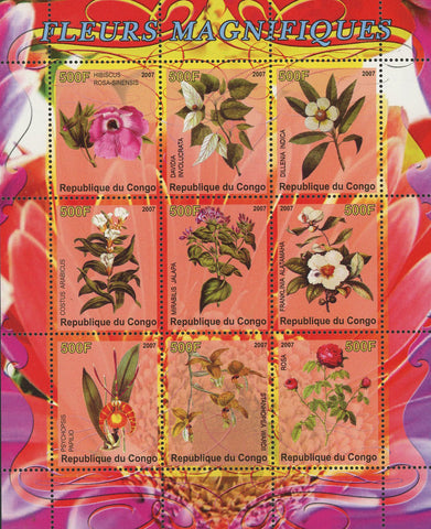 Congo Magnific Flower Rose Nature Plant Sov. Sheet of 9 Stamps Mint NH